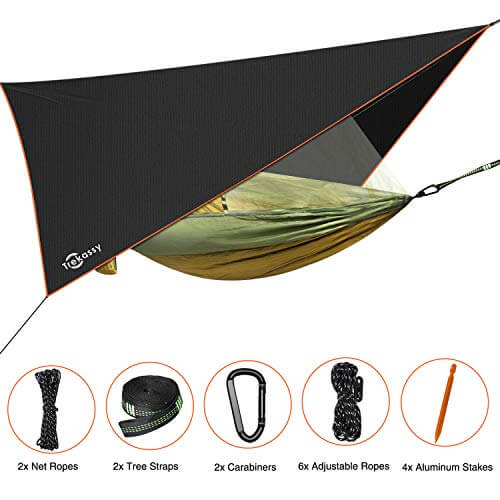 Trekassy Camping Hammock with Mosquito/Bug Net, Rain Fly Cover, Tree Straps and Carabiners