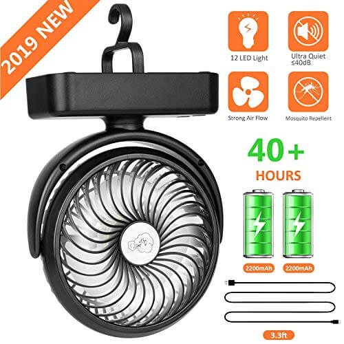 Portable LED Camping Lantern with Tent Ceiling Fan -4400 mAh Battery Powered Mini Desk Fan with USB Charging Input-Survival Kit for Camping, Hiking, Home,Office (2 pack Battery is included)